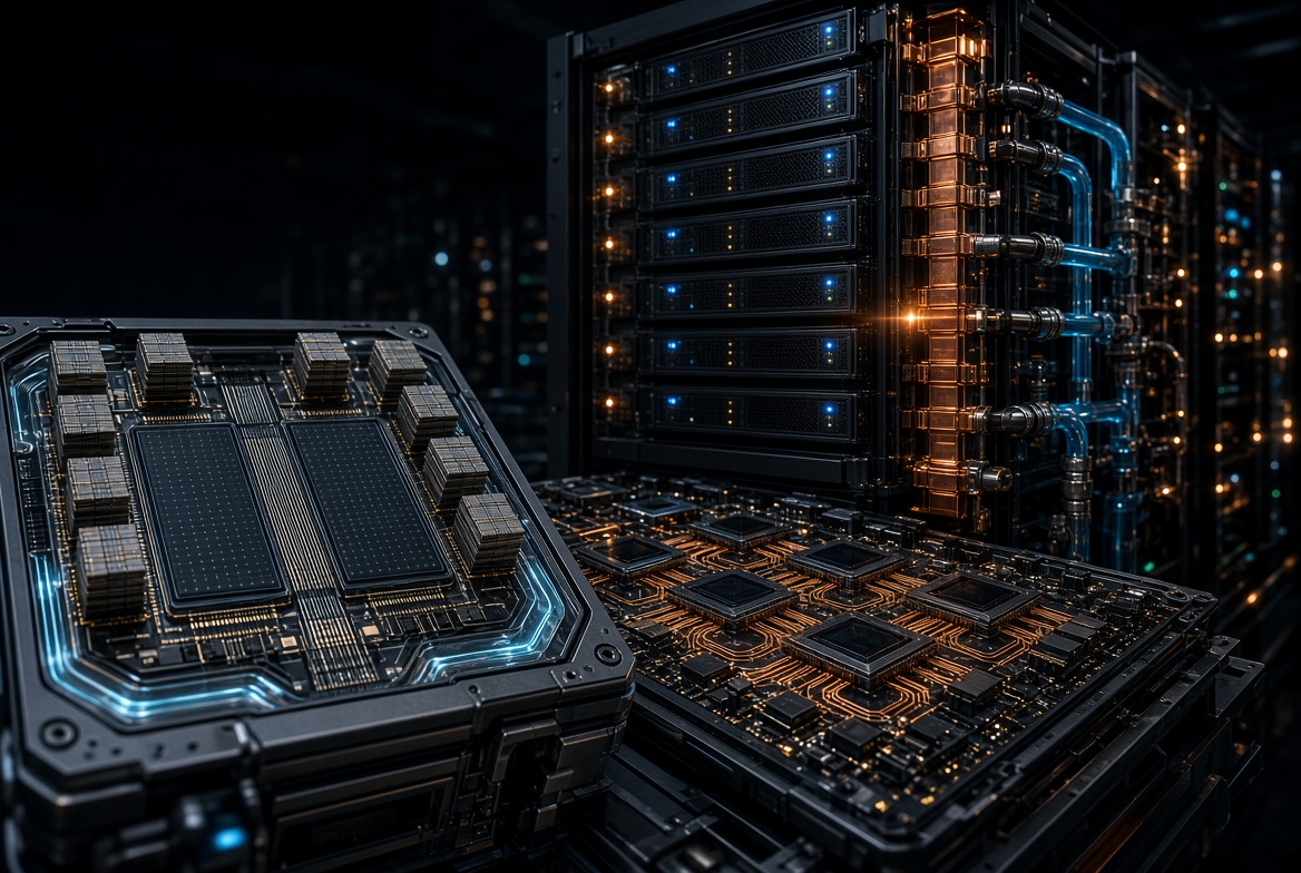 A GPU package with its HBM stacks, an 8-GPU baseboard, and a liquid-cooled rack behind them