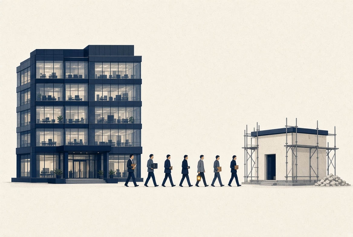 Figure 1: Seven people walk out of one building and start another, 2021