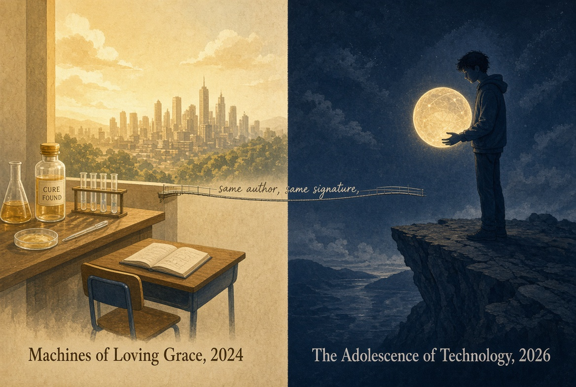 Figure 4: The two essays side by side, Machines of Loving Grace (2024) and The Adolescence of Technology (2026)