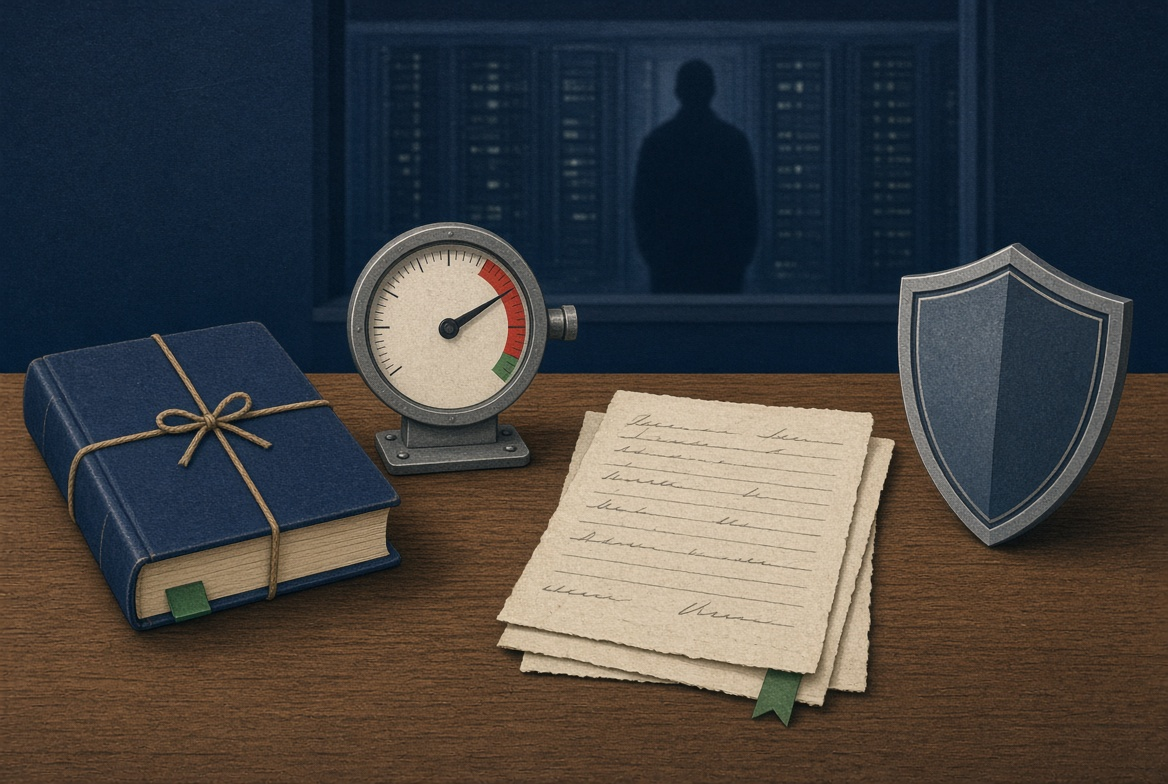 Four objects on a desk: a bound book, a gauge, a stack of essays, and a shield, with a human figure in a server room behind