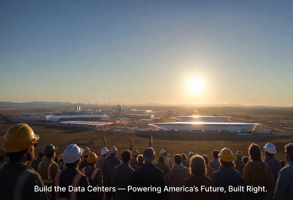 A crowd of workers in hard hats overlooks a massive data center complex in a desert landscape at sunset, with wind turbines in the background.