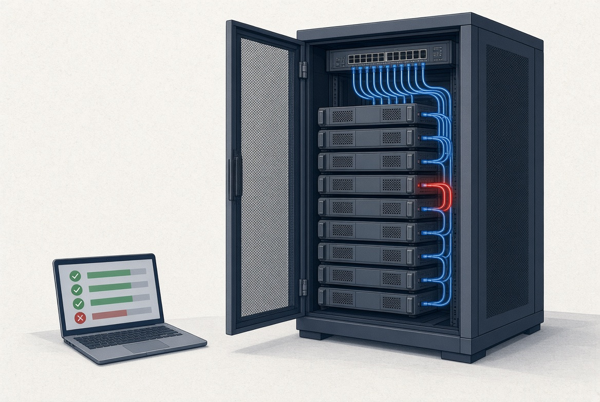A rack of GPUs under test, with one bad link glowing red