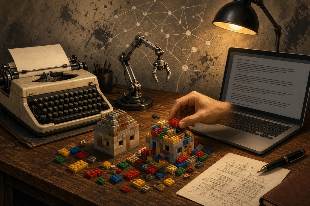 An old typewriter, a robot arm, and a laptop with a red-marked draft on a desk, with a hand placing a Lego brick on a half-built house