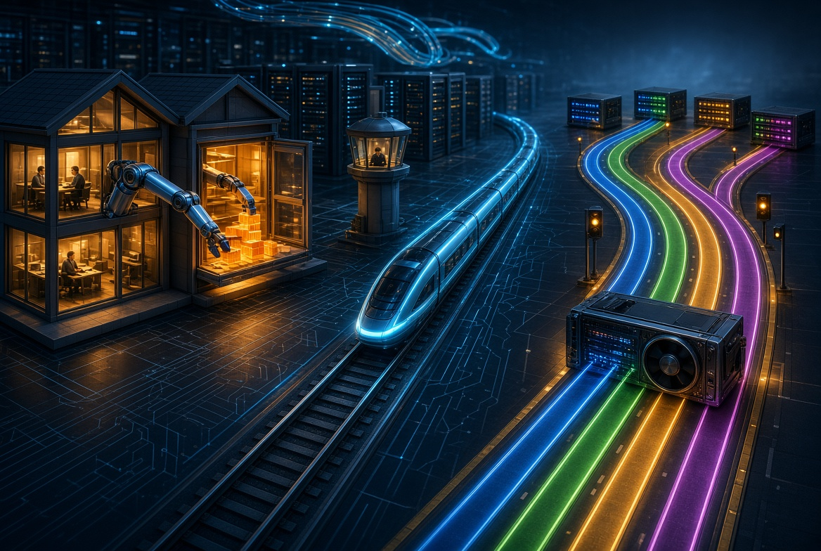 A robot arm passing packages between two glass-walled offices, a private train on its own track, and a network card sending four glowing lanes of traffic to a row of switches